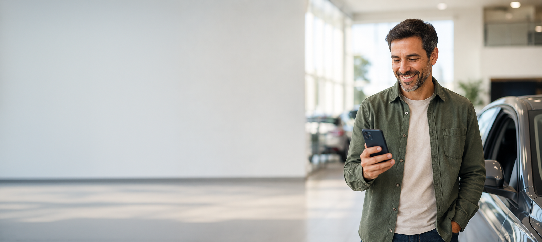 Cliente revisando una opción de financiación junto a un coche